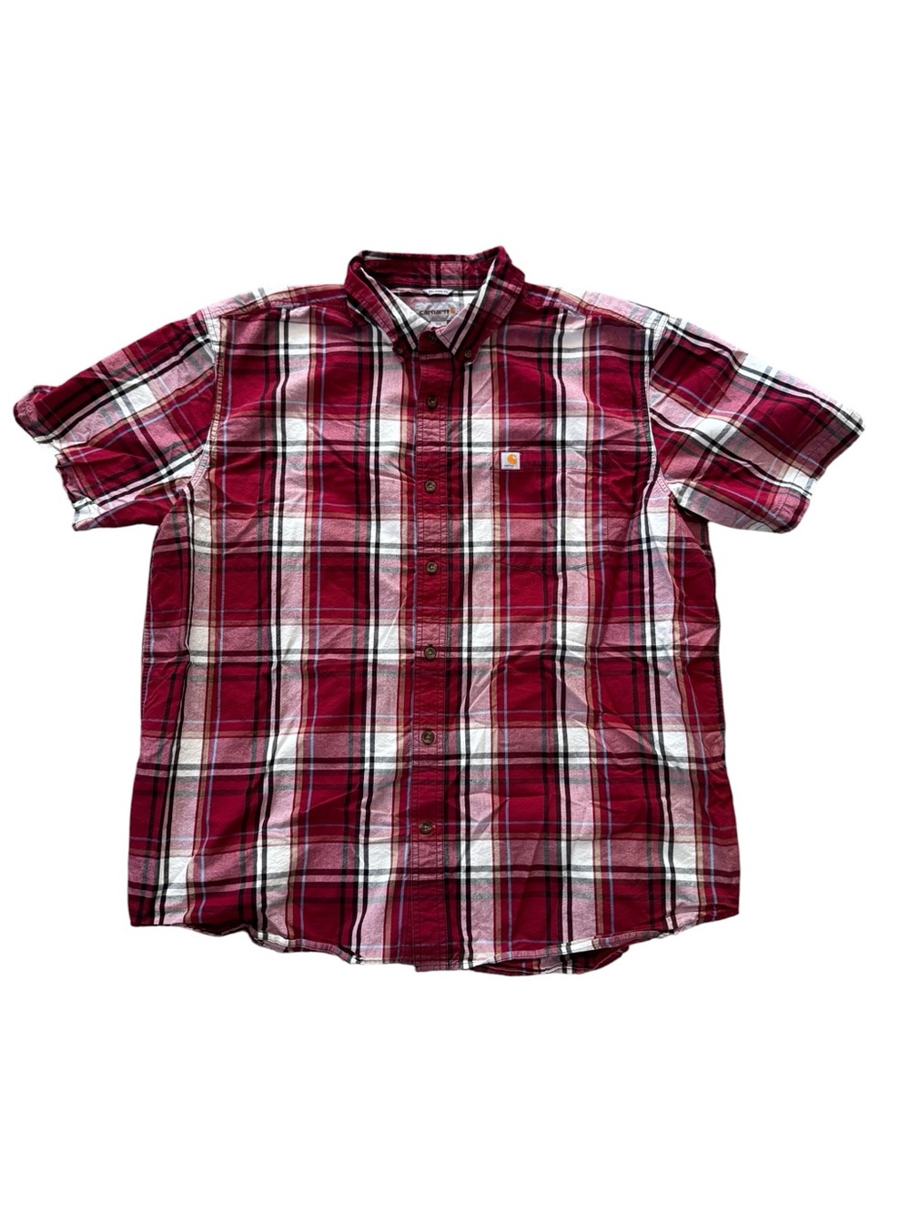 Carhartt Plaid Button Up Shirt Mens 2XL Red Short Sleeve Relaxed Fit Workwear